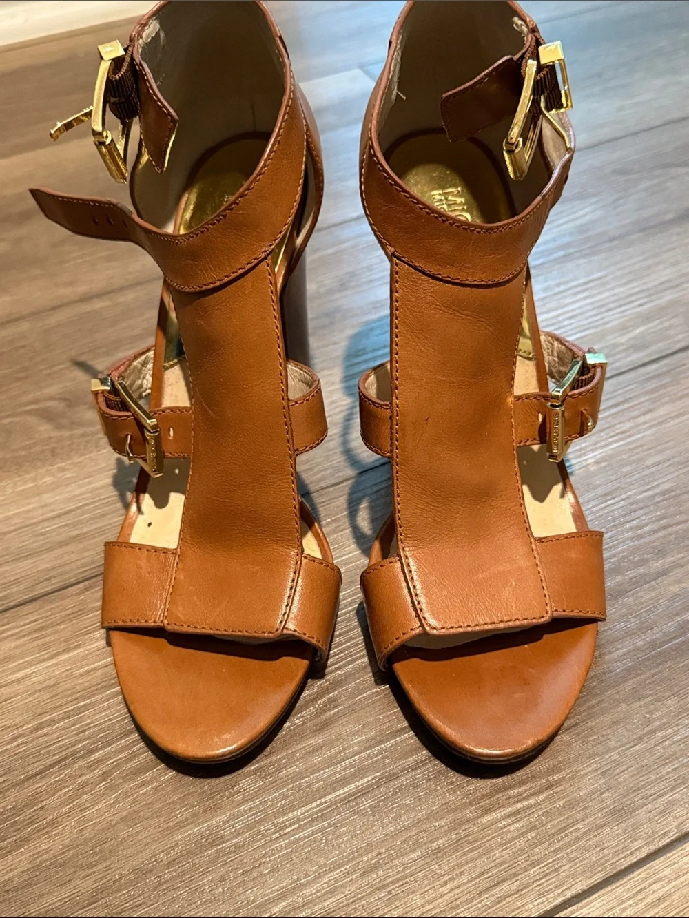 Michael Kors Tan Leather Ankle-Strap Heels with Gold Buckles